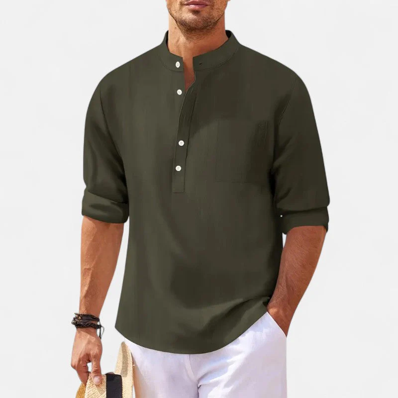 Chemise Col Mao en Coton-Lin pour Homme - Élégance d'Été – Image 4